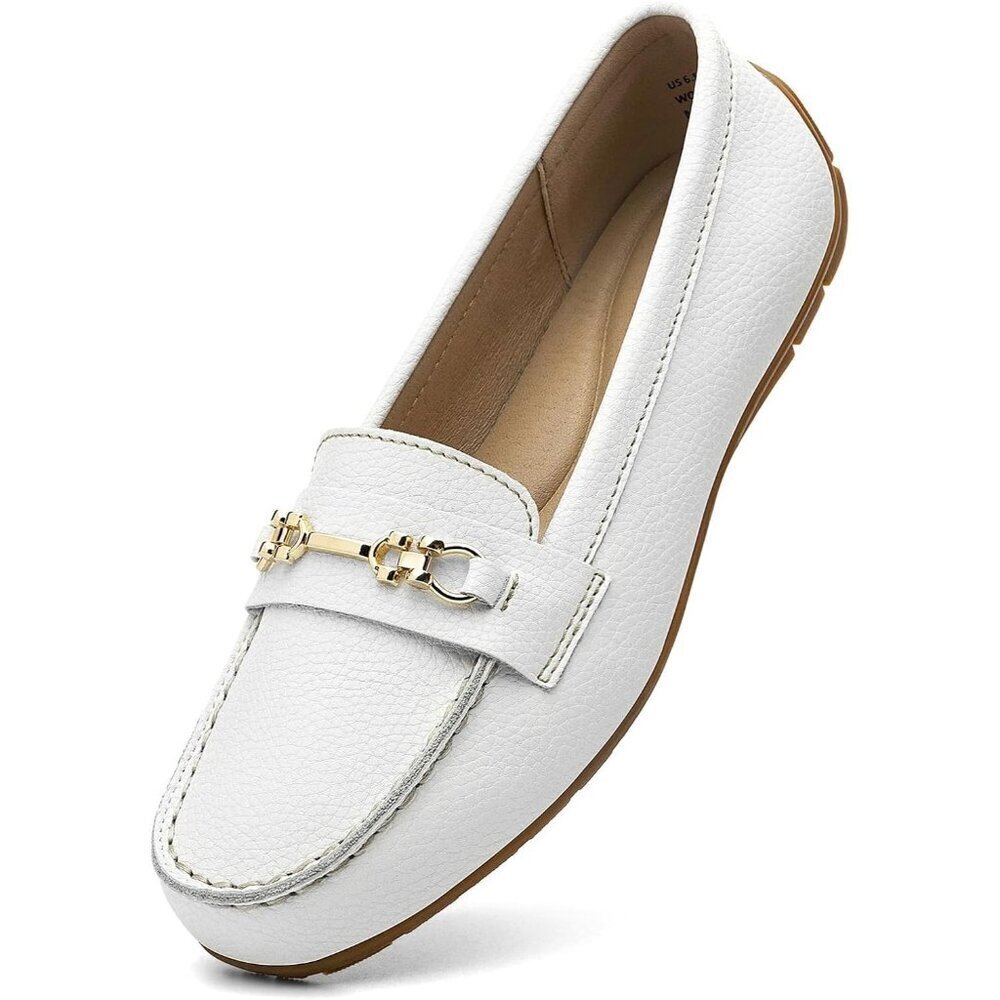 Kordal Women's White Leather Gold Accent Buckle Slip-Ons Walking Flats Loafers